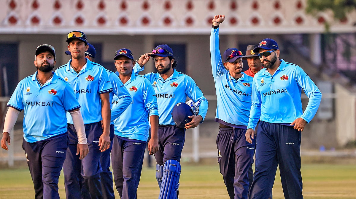 (PTI Photo)  : Jaipur: Mumbai?s Rohit Sharma, right, and others celebrate after winning a Vijay Hazare Trophy 2025-26 cricket match between Mumbai and Uttarakhand, at Sawai Mansingh Stadium, in Jaipur, Rajasthan, Friday, Dec. 26, 2025. 