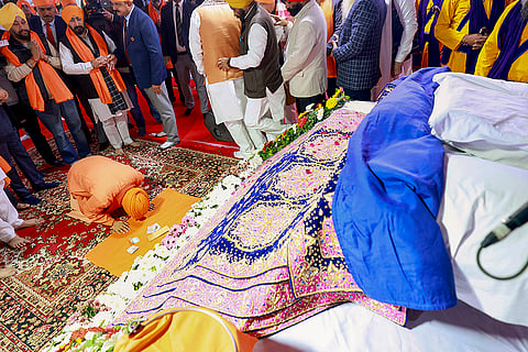 Uttar Pradesh Chief Minister Yogi Adityanath offers prayers at a 'Kirtan Samagam' on 'Veer Bal Diwas', observed to mark the martyrdom anniversary of the sons of tenth Sikh Guru, Guru Gobind Singh, in Lucknow. 