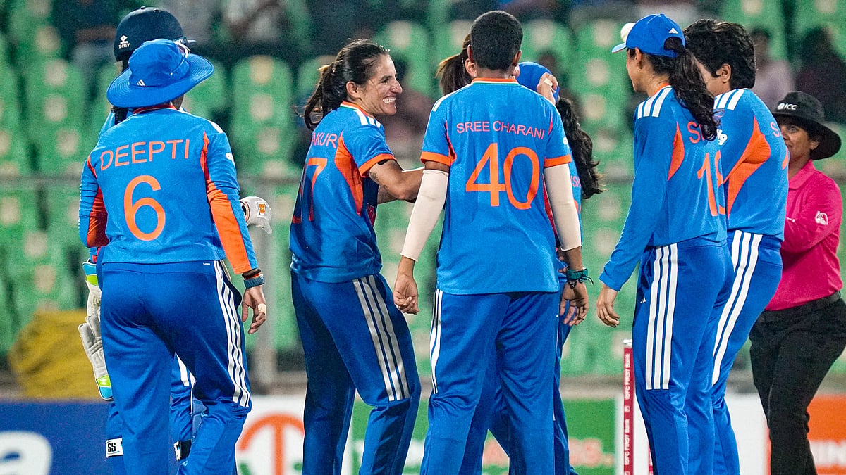 PTI : India's players celebrate a wicket during the third women's T20 International against Sri Lanka at Greenfield International Stadium in Thiruvananthapuram.