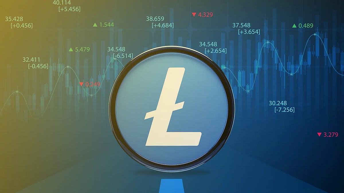 Litecoin (LTC) logo centered over a blue digital trading chart with price fluctuations.