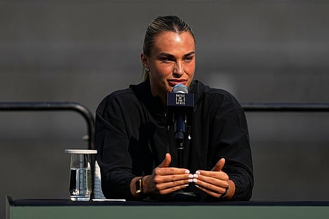 Tennis player Aryna Sabalenka of Belarus speaks during a press conference ahead of the Battle of the Sexes exhibition match at Atlantis The Royal in Dubai, United Arab Emirates.
