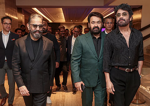 Actors Kamal Haasan, left, Mohanlal, centre, and Nagarjuna Akkineni during the inauguration event of 'JioHotstar South Unbound', in Chennai, Tuesday, Dec. 9, 2025.
