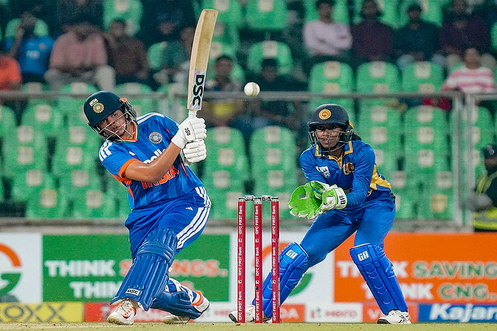 | Photo: PTI  : India's Shafali Verma plays a shot during the third T20 International cricket match of the series between India Women and Sri Lanka Women, at Greenfield International Stadium, in Thiruvananthapuram, Kerala.