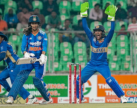 Sri Lanka’s wicketkeeper Kaushini Nuthyangana appeals unsuccessfully for the wicket of India’s Jemimah Rodrigues during the third T20 International cricket match of a series between India Women and Sri Lanka Women, at Greenfield International Stadium, in Thiruvananthapuram, Kerala.
