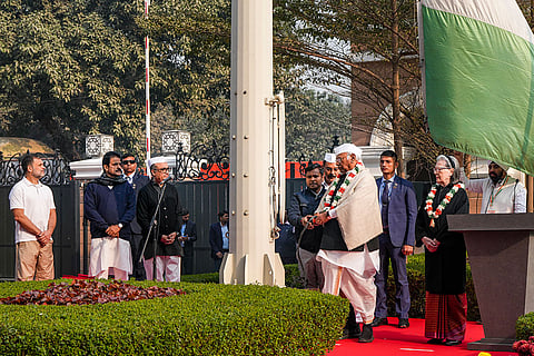 Congress President Mallikarjun Kharge, LoP in the Lok Sabha and party leader Rahul Gandhi, party MPs Sonia Gandhi, KC Venugopal and others during the flag-hoisting ceremony marking the 140th Foundation Day of the party, at Indira Bhawan in New Delhi.