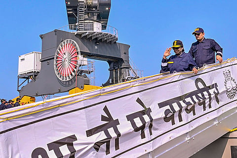 In this image posted on Dec. 28, 2025, President Droupadi Murmu during a sortie on the Navy's indigenous Kalvari class submarine INS Vaghsheer at Karwar Naval Base, Karnataka.