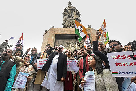 Congress State President Rajesh Ram and party leaders protest against the renaming of Mahatma Gandhi National Rural Employment Guarantee Act (MGNREGA) on the occasion of Indian National Congress Foundation Day, in Patna.