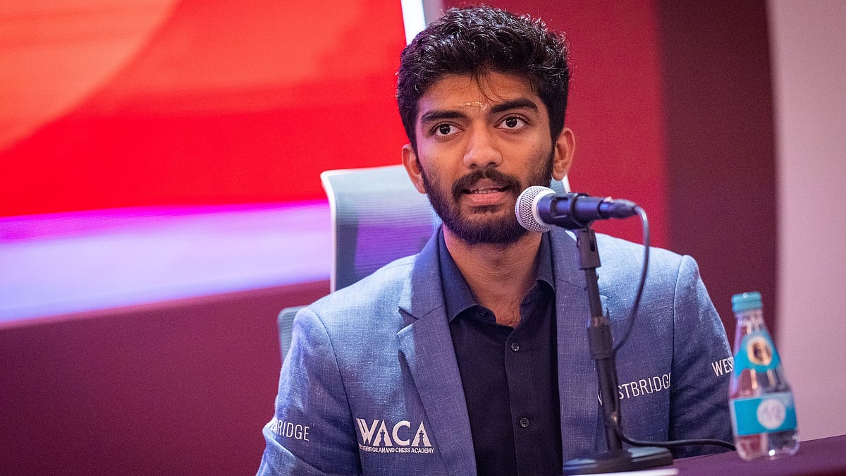 | Photo: X/FIDE_chess : India's D Gukesh during the opening press conference of the FIDE World Rapid Championship 2025.