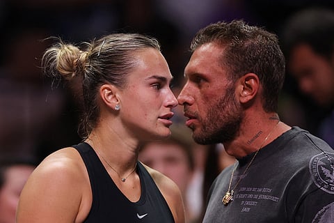 Aryna Sabalenka with her boyfriend Georgios Frangulis after her match against Nick Kyrgios in ther Battle of the Sexes tennis match, in Dubai, United Arab Emirates.