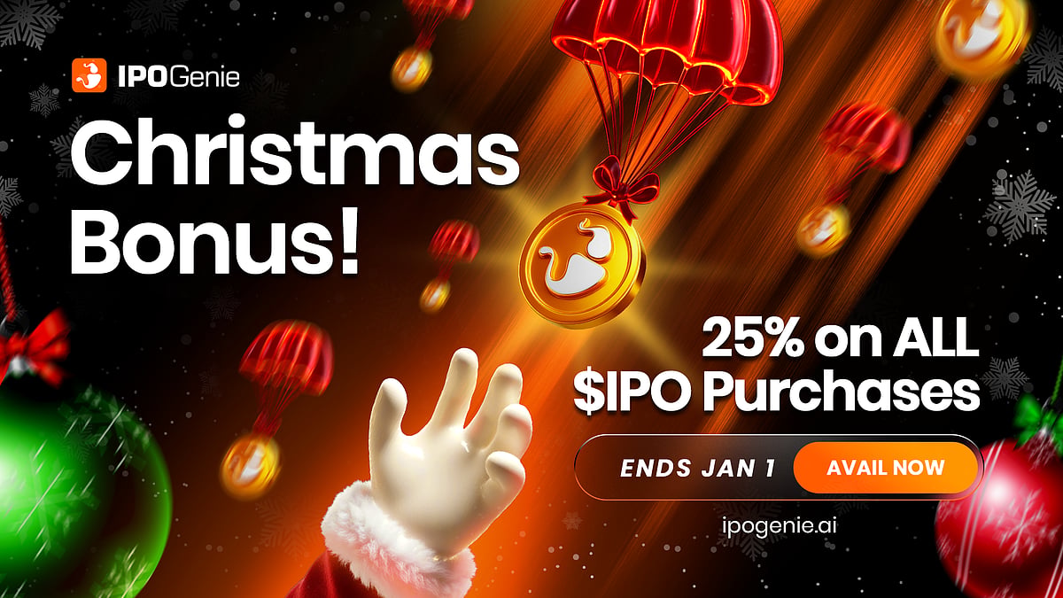 IPOGenie Christmas Bonus ad offering 25% extra on $IPO token purchases.