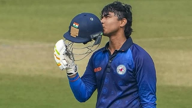 | Photo: Instagram/biharcricketboard : Bihar's Vaibhav Suryavanshi celebrates his century during the Vijay Hazare Trophy match against Arunachal Pradesh on December 24, 2025.