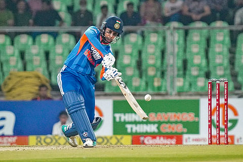 India's Smriti Mandhana plays a shot during the fourth T20 International cricket match of a series between India Women and Sri Lanka Women, at Greenfield International Stadium, in Thiruvananthapuram, Kerala.