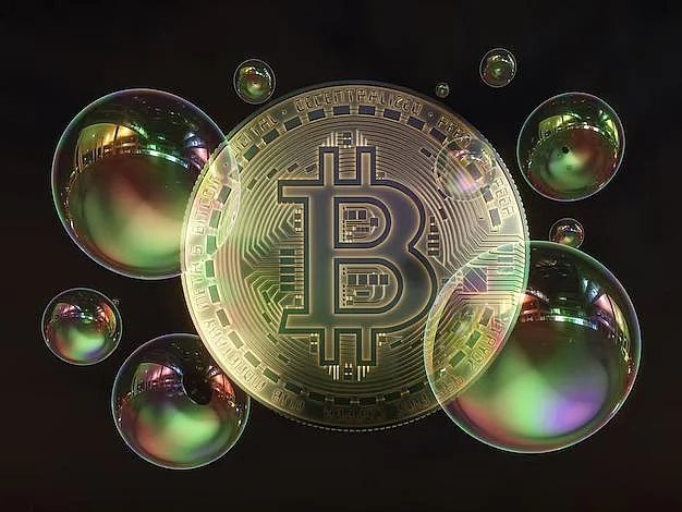 Transparent Bitcoin graphic surrounded by iridescent bubbles