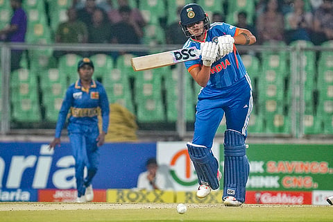 India's Shafali Verma plays a shot during the fourth T20 International cricket match of a series between India Women and Sri Lanka Women, at Greenfield International Stadium, in Thiruvananthapuram, Kerala.