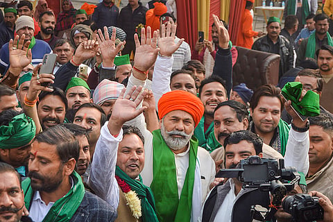 Bharatiya Kisan Union's national spokesperson Rakesh Tikait arrives as chief guest at a farmers' program organized at Web City, in Ghaziabad.