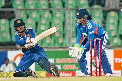 Sri Lanka’s Imesha Dulani plays a shot during the fourth T20 International cricket match of a series between India Women and Sri Lanka Women, at Greenfield International Stadium, in Thiruvananthapuram, Kerala.