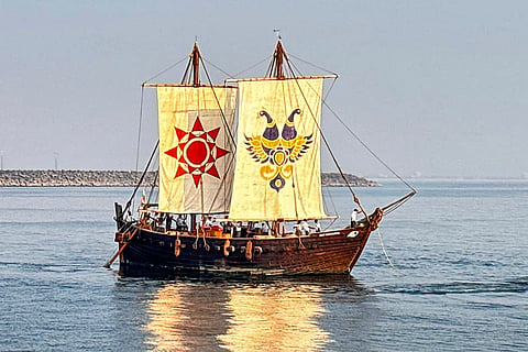 INSV Kaundinya, the Indian Navy's stitched sailing vessel built using ancient Indian techniques, embarks on its maiden voyage to Muscat, Oman, retracing historic maritime links with the Gulf region. 
