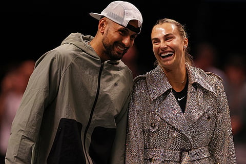 Aryna Sabalenka and Nick Kyrgios laugh ahead of their Battle of the Sexes tennis match in Dubai, United Arab Emirates.