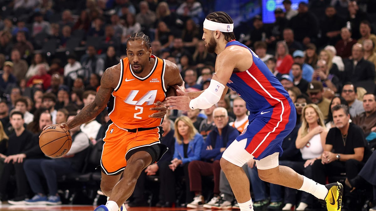 Kawhi Leonard #2 of the Los Angeles Clippers drives to the basket against Cade Cunningham #2 of the Detroit Pistons during the first quarter at Intuit Dome on December 28, 2025 in Inglewood, California.