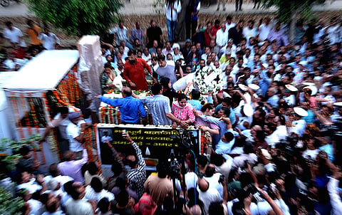 People at the final journey of Indian Navy officer Lieutenant Vinay Narwal, who was killed during a terror attack on tourists in Jammu and Kashmir’s Pahalgam