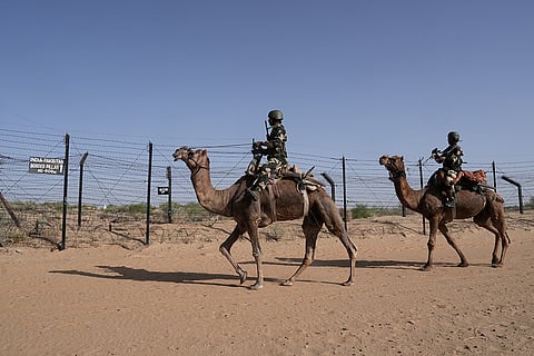 BSF personnel patrol the India-Pakistan border at Jaisalmer during Operation Sindoor 