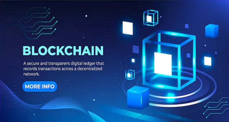 Futuristic blue blockchain network with glowing cubes