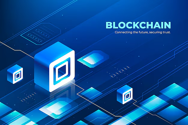 Futuristic blue blockchain network with glowing cubes and digital connections