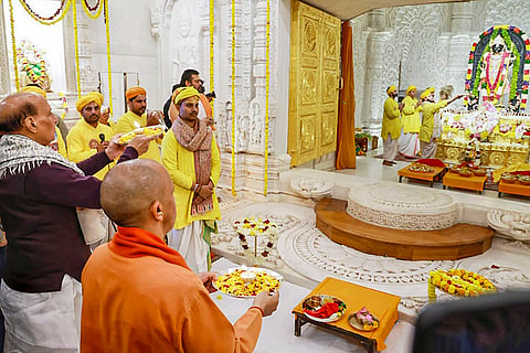 Defence Minister Rajnath Singh with Uttar Pradesh CM Yogi Adityanath offers prayers during the 'Pran Pratishtha Dwadashi', commemorating the second anniversary of the consecration of Ram Lalla's idol, in Ayodhya. 