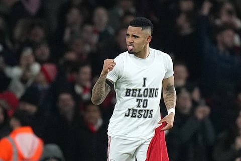 Arsenal's Gabriel Jesus celebrates after scoring his side's fourth goal during the English Premier League soccer match between Arsenal and Aston Villa in London.
