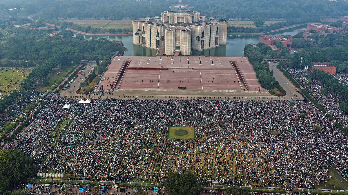 AP : Thousands of people gather to attend funeral prayers for former Prime Minister Khaleda Zia outside the national Parliament building in Dhaka, Bangladesh, Wednesday, Dec. 31, 2025. 