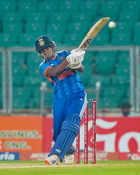 India's Arundhati Reddy plays a shot during the fifth T20 International cricket match of a series between India Women and Sri Lanka Women, at Greenfield International Stadium, in Thiruvananthapuram, Kerala.