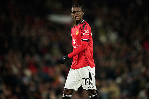 United's Bendito Mantato reacts during the English Premier League soccer match between Manchester United and Wolverhampton Wanderers in Manchester, England.