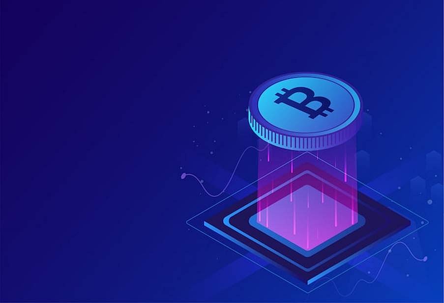 A glowing Bitcoin coin floating over a digital red square on a dark blue background.