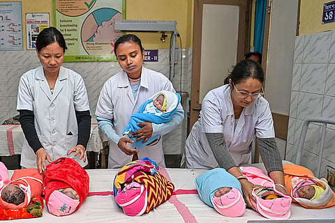 Nurses care for newborn babies born on the first day of 2026, at the Indira Gandhi Memorial Hospital, in Agartala.