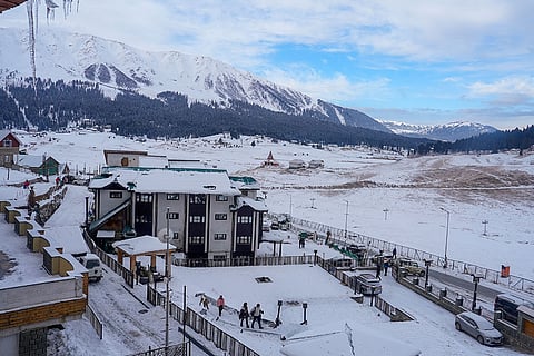 A view of the snow-covered area on the first day of the year, in Gulmarg.