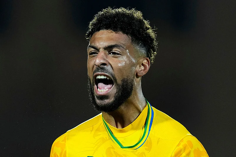Gabons Denis Bouanga celebrates after scoring during the Africa Cup of Nations group F soccer match between Gabon and Ivory Coast, in Marrakech, Morocco.