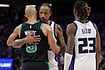 | Photo: AP/Scott Marshall : Boston Celtics guard Derrick White (9) and Sacramento Kings guard Demar Derozan, behind, hug before times runs out during the second half of an NBA basketball game in Sacramento, California. 