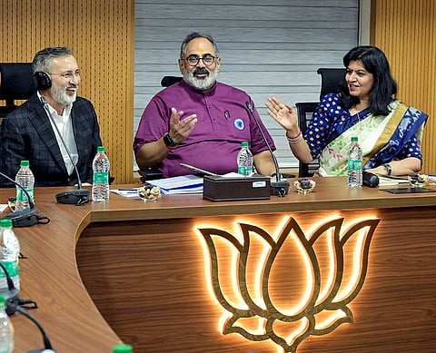 Kerala BJP President Rajeev Chandrasekhar, centre, party leader Prakash Javadekar and party MP Aparajita Sarangi during the state BJP Core Committee meeting, in Thiruvananthapuram. 