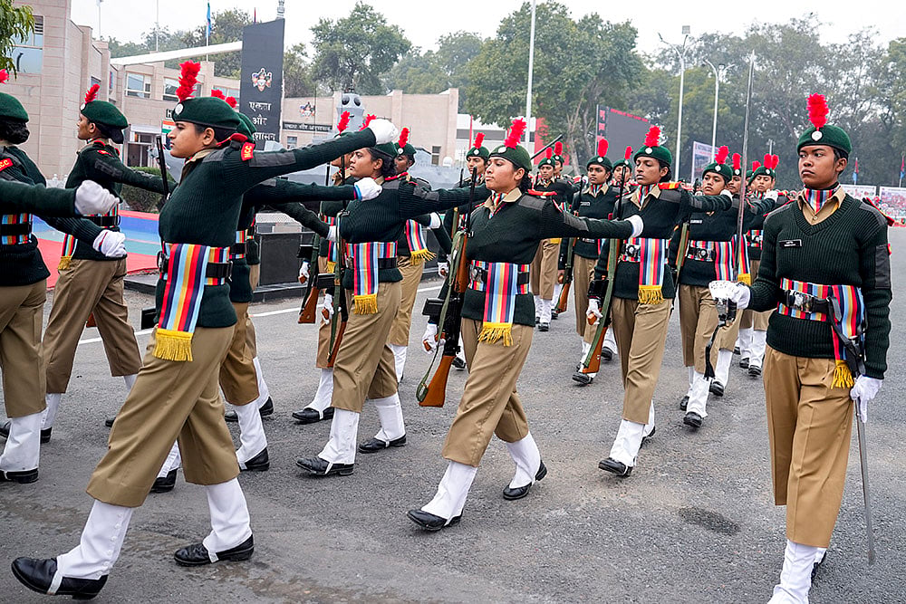 | Photo: PTI/Salman Ali : NCC cadets during Republic Day parade rehearsals at Cariappa Parade Ground, in New Delhi. representational image |