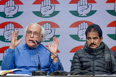 AICC General Secretaries KC Venugopal (Organisation) and Jairam Ramesh (Communications) during a Congress party briefing at AICC HQ, in New Delhi.