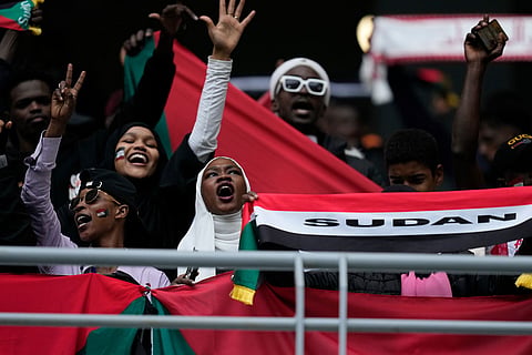 Sudan fans cheer their team during the Africa Cup of Nations best of 16 soccer match between Senegal and Sudan in Tangier, Morocco.
