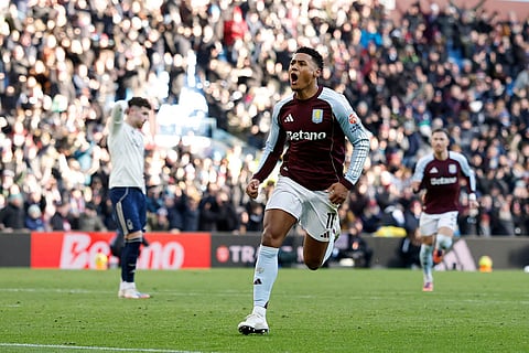 Aston Villa's Ollie Watkins celebrates after scoring his sides first goal during their English Premier League soccer match against Nottingham Forest in Birmingham, England, Saturday, Jan. 3, 2026. ()
/PA via AP)