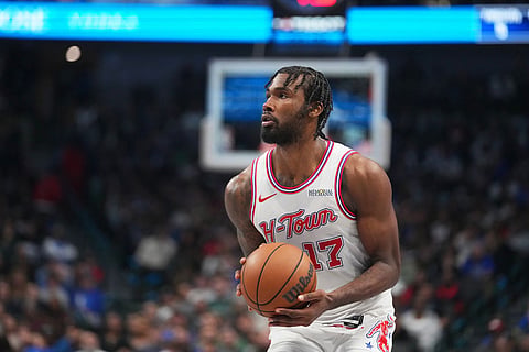 Houston Rockets forward Tari Eason prepares to shoot against the Dallas Mavericks during the first half of an NBA basketball game in Dallas.