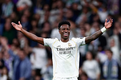 Real Madrid's Vinicius Junior gestures during the Spanish La Liga soccer match between Real Madrid and Real Betis Sevilla in Madrid, Spain.