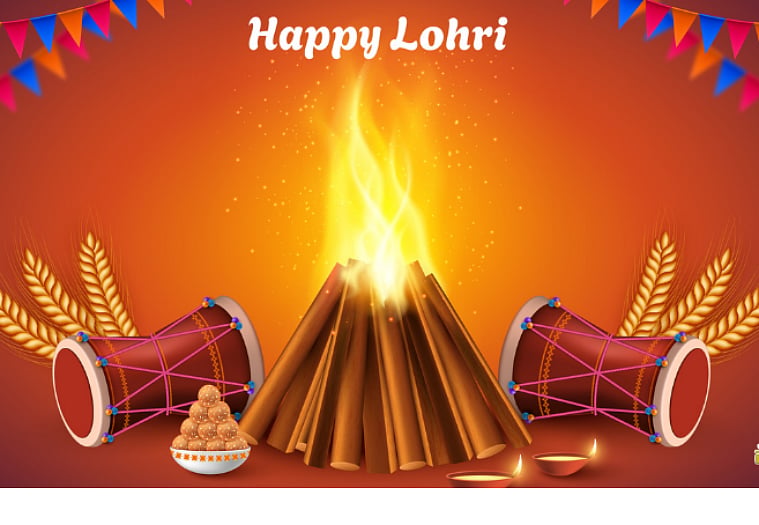 Illustration of Lohri bonfire with dhols, sweets & diyas