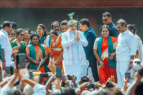 Union Home Minister Amit Shah with BJP's Tamil Nadu election in-charge Piyush Goyal, Union Minister of State L Murugan, state party President Nainar Nagendran and others during 'Namma Ooru Modi Pongal' festival, in Trichy, Tamil Nadu. 