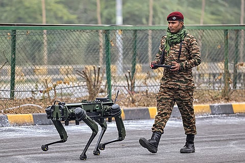 An Indian Army personnel during a rehearsal ahead of the Army Day celebrations, in Jaipur.