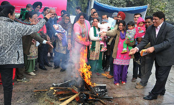 Families gathered around a small outdoor bonfire to celebrate the Lohri festival.