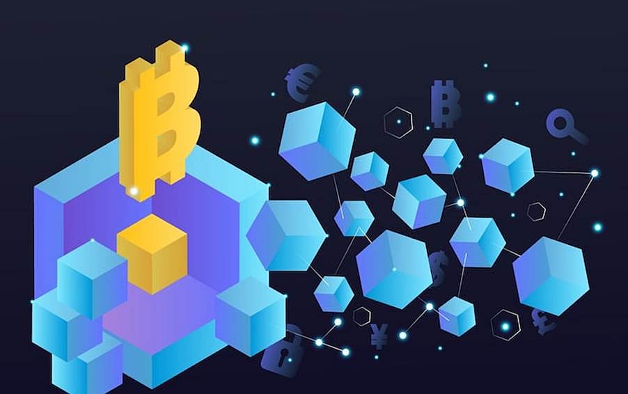 Golden 3D Bitcoin symbol floating above blue digital blocks representing blockchain technology.