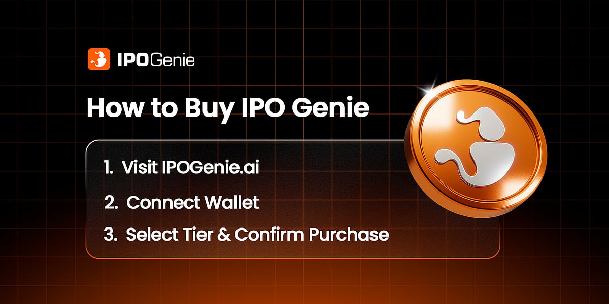 IPO Genie guide showing steps to buy $IPO tokens by connecting wallet and confirming purchase.